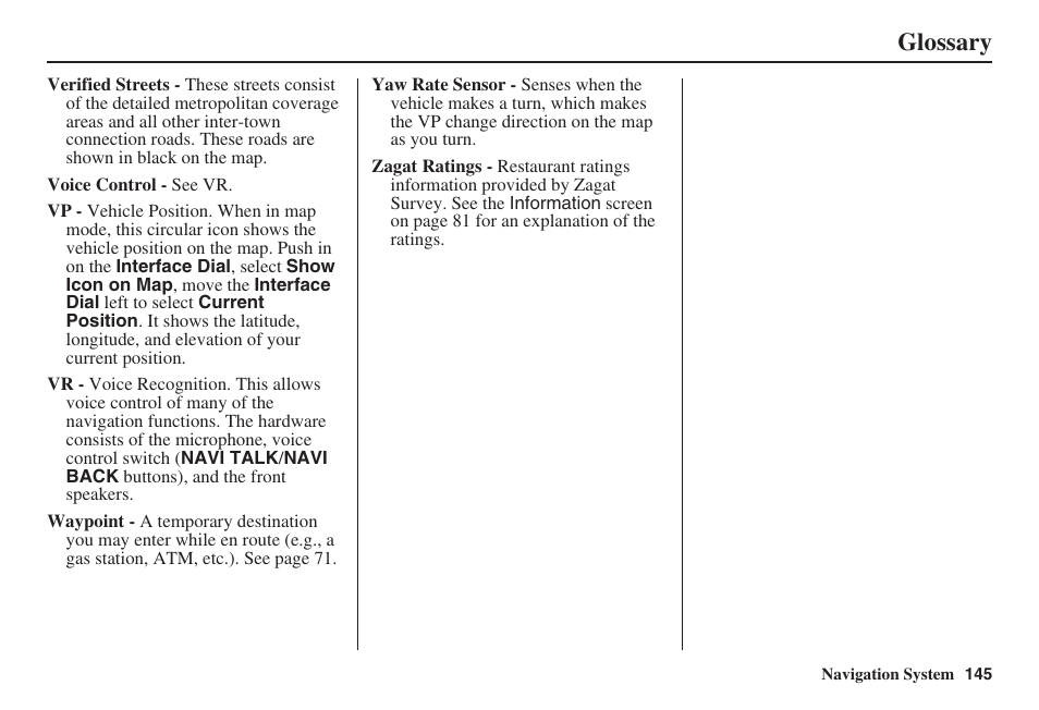 Glossary | Acura 2009 RDX 00X31-STK-8200 User Manual | Page 146 / 164