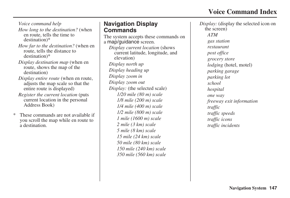 Voice command index | Acura 2009 RDX 00X31-STK-8200 User Manual | Page 148 / 164