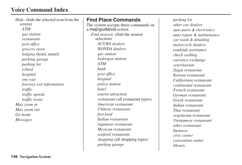 Voice command index | Acura 2009 RDX 00X31-STK-8200 User Manual | Page 149 / 164