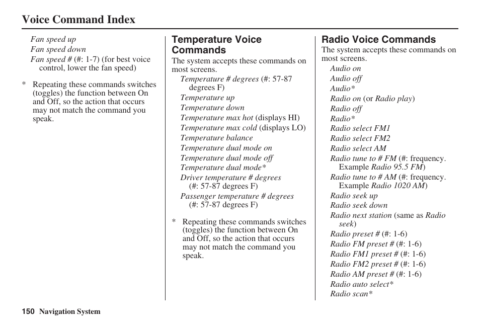 Voice command index | Acura 2009 RDX 00X31-STK-8200 User Manual | Page 151 / 164