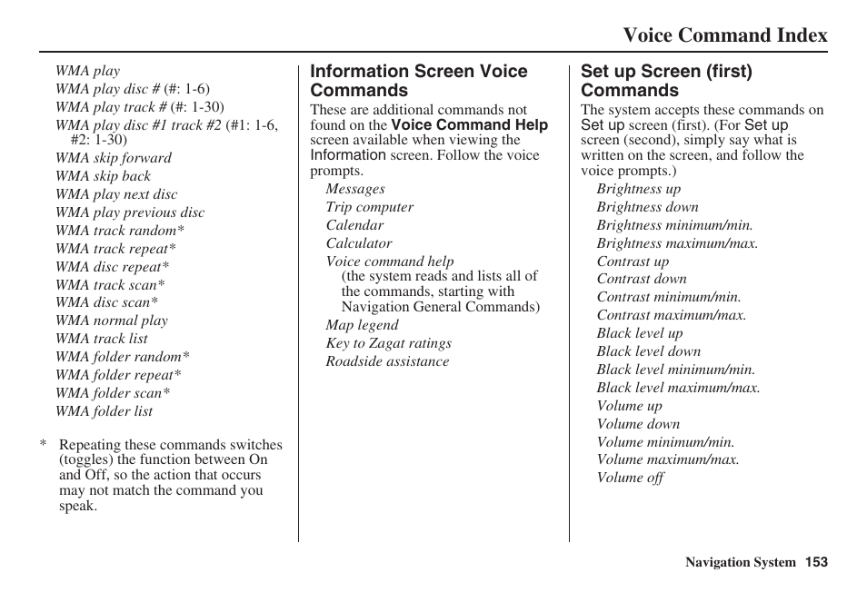 Voice command index | Acura 2009 RDX 00X31-STK-8200 User Manual | Page 154 / 164