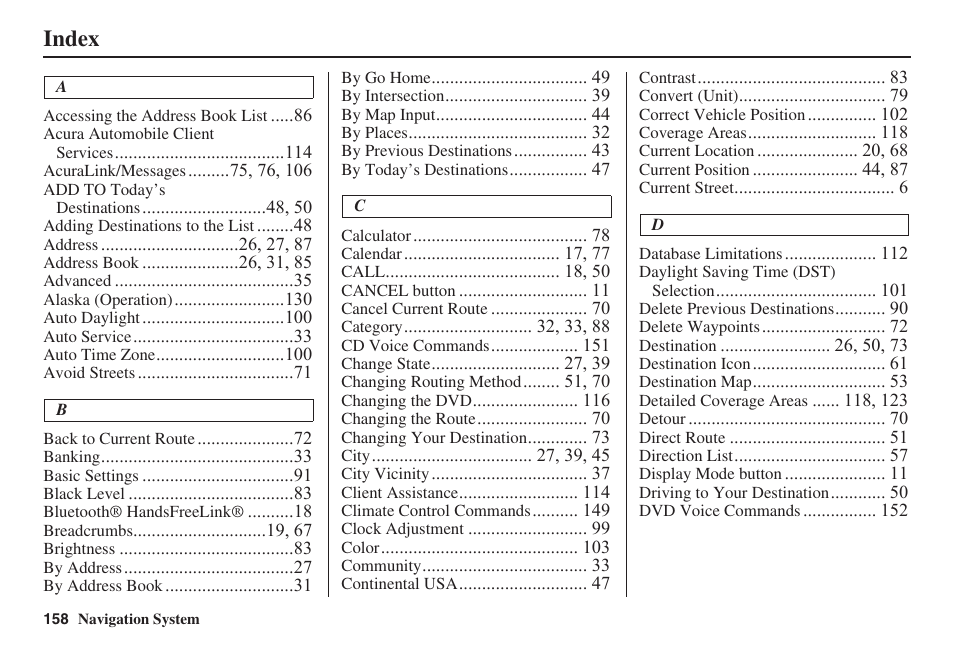 Index | Acura 2009 RDX 00X31-STK-8200 User Manual | Page 159 / 164