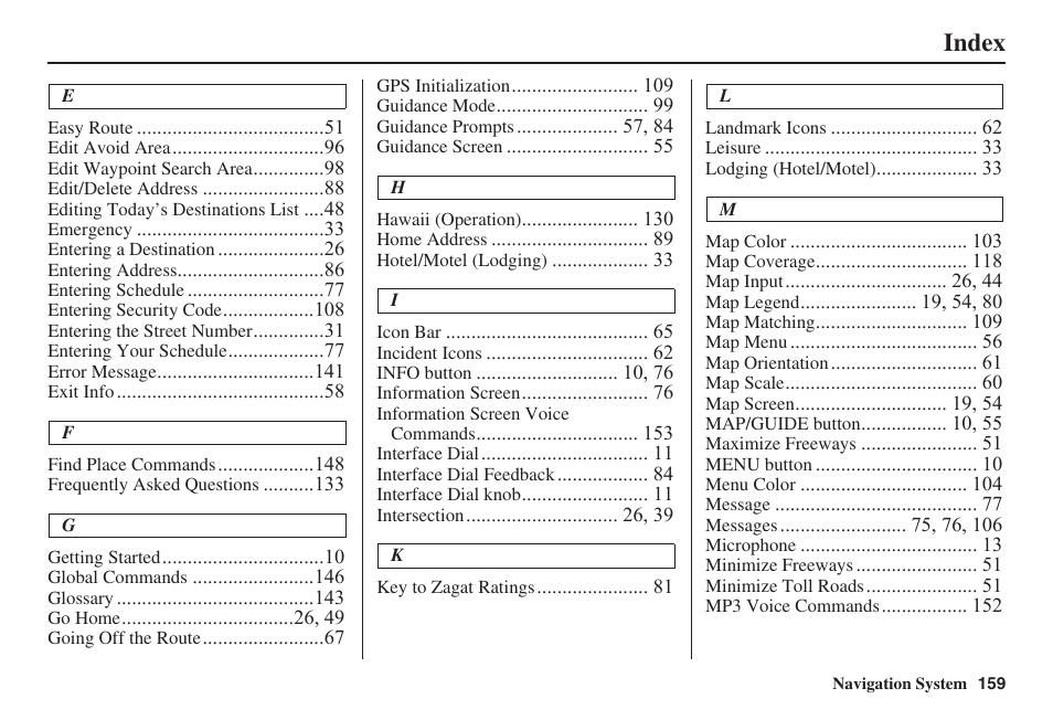 Index | Acura 2009 RDX 00X31-STK-8200 User Manual | Page 160 / 164