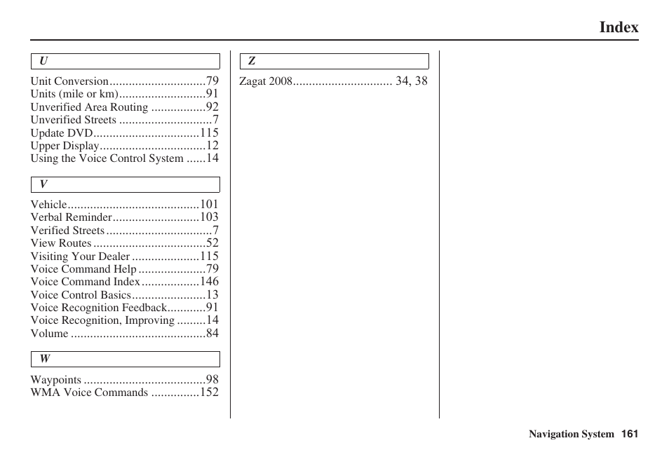 Index | Acura 2009 RDX 00X31-STK-8200 User Manual | Page 162 / 164