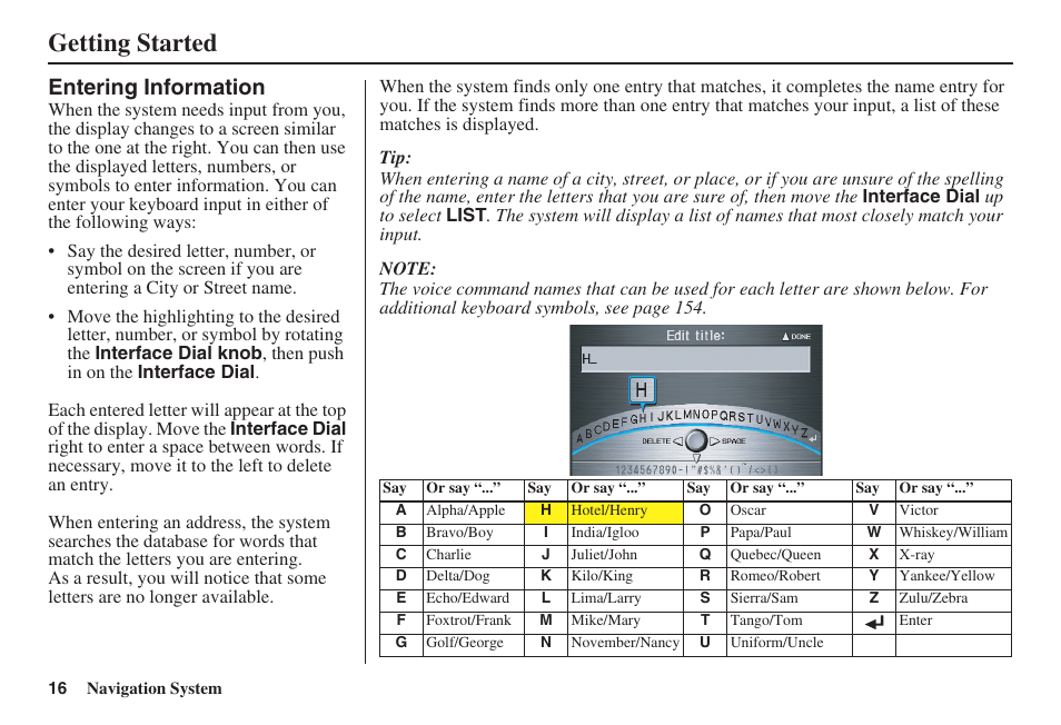 Getting started, Entering information | Acura 2009 RDX 00X31-STK-8200 User Manual | Page 17 / 164