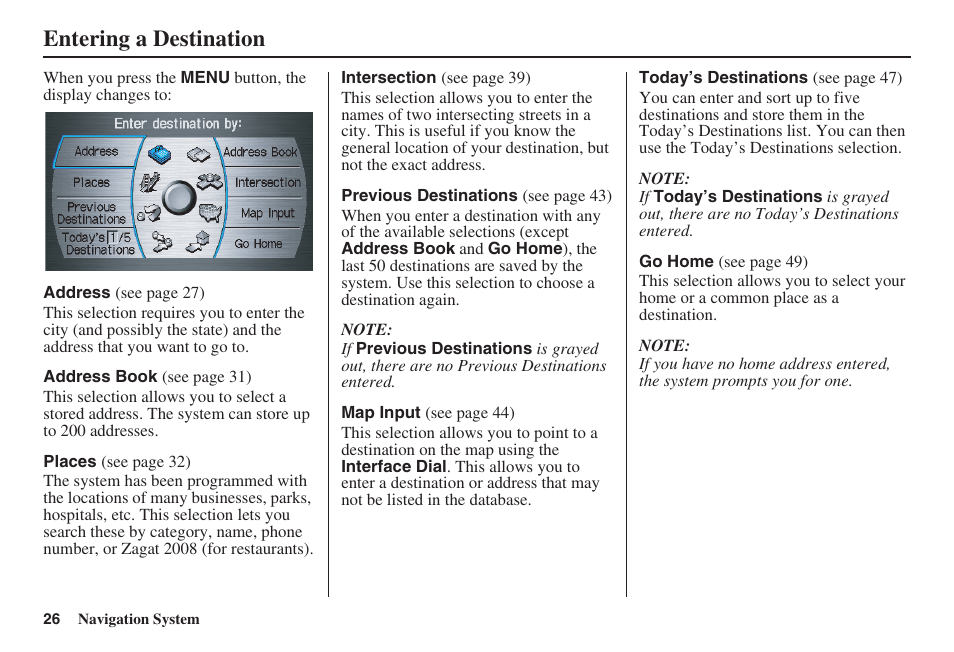 Entering a destination | Acura 2009 RDX 00X31-STK-8200 User Manual | Page 27 / 164