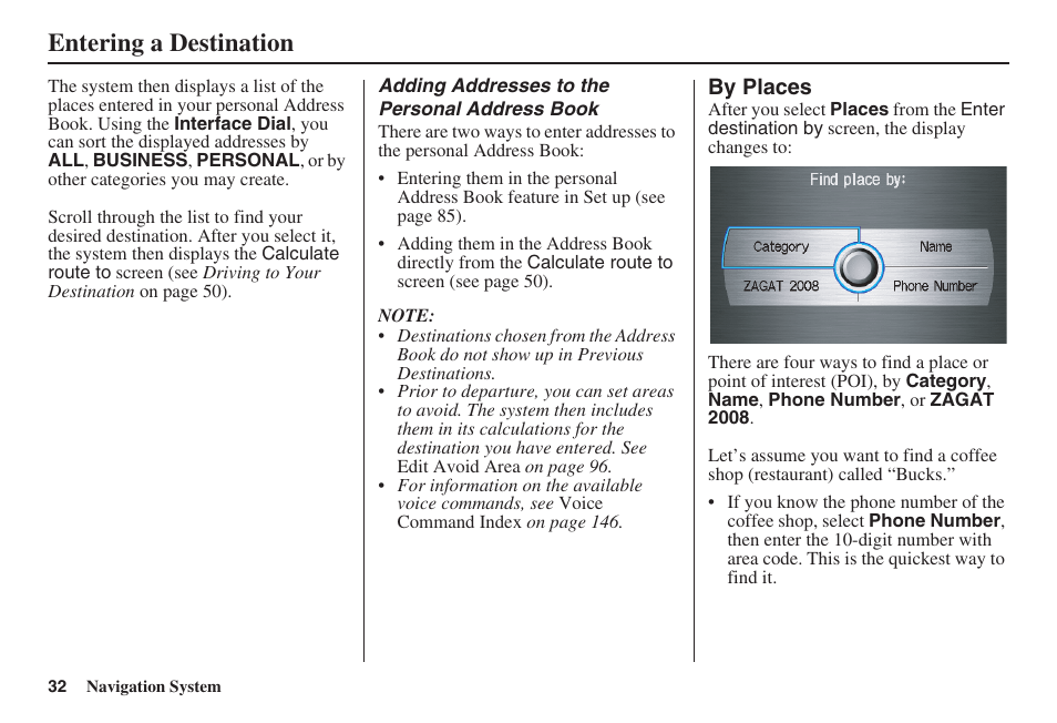 Entering a destination | Acura 2009 RDX 00X31-STK-8200 User Manual | Page 33 / 164