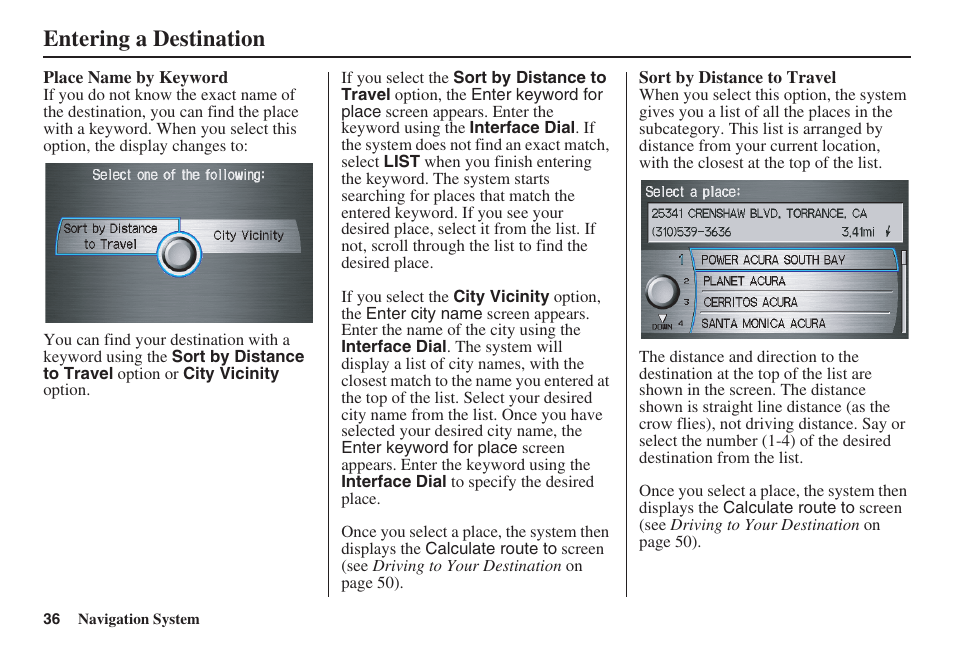 Entering a destination | Acura 2009 RDX 00X31-STK-8200 User Manual | Page 37 / 164