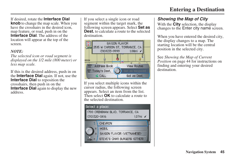 Entering a destination | Acura 2009 RDX 00X31-STK-8200 User Manual | Page 46 / 164