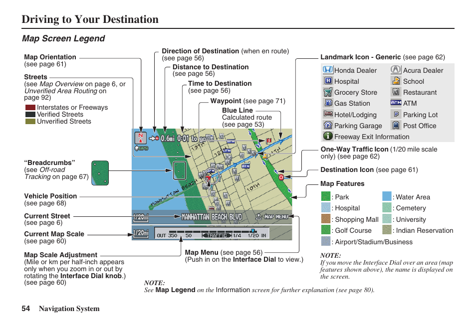 Driving to your destination, Map screen legend | Acura 2009 RDX 00X31-STK-8200 User Manual | Page 55 / 164