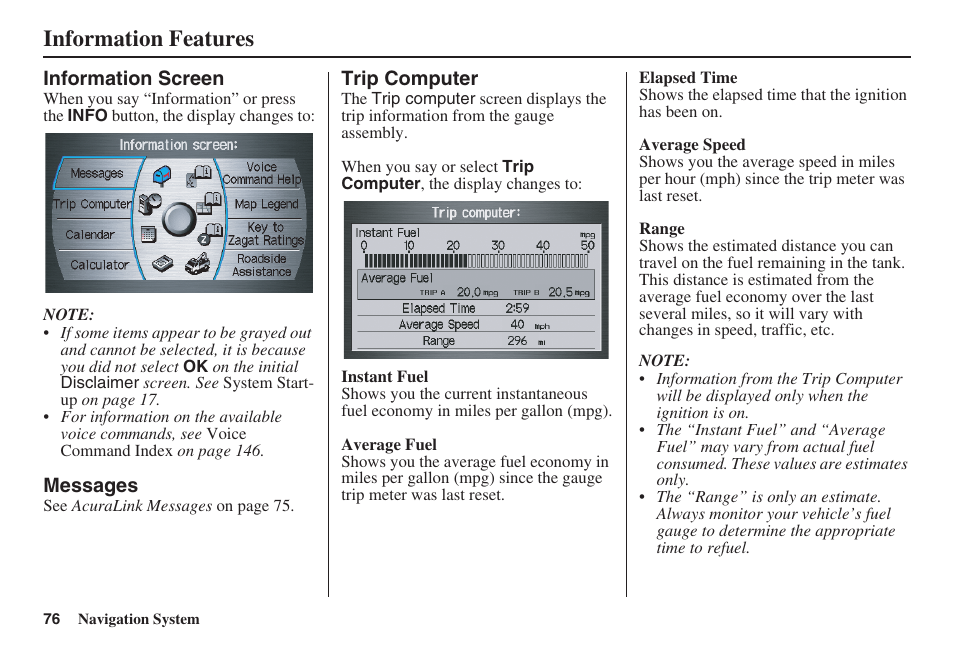 Information features | Acura 2009 RDX 00X31-STK-8200 User Manual | Page 77 / 164