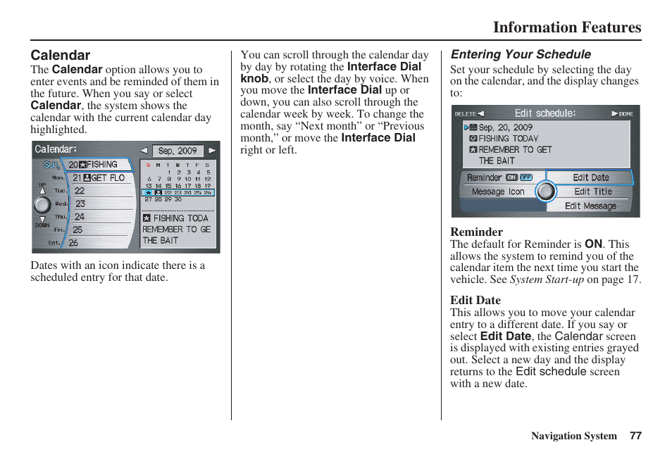 Information features | Acura 2009 RDX 00X31-STK-8200 User Manual | Page 78 / 164