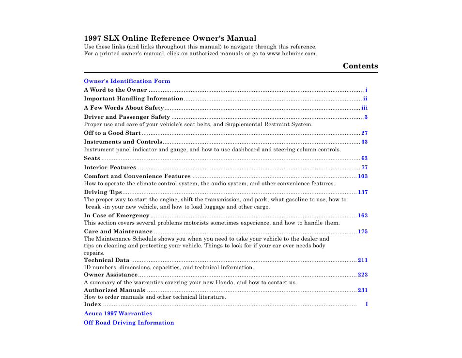 Acura 1997 SLX User Manual | 1 page