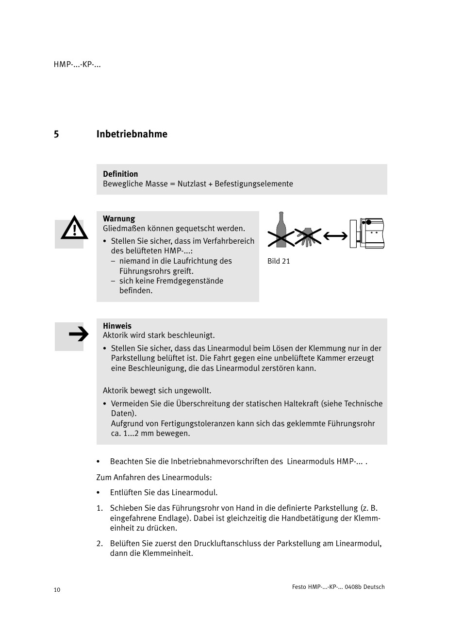 5 inbetriebnahme, 5inbetriebnahme | Festo Линейные модули HMP User Manual | Page 10 / 76