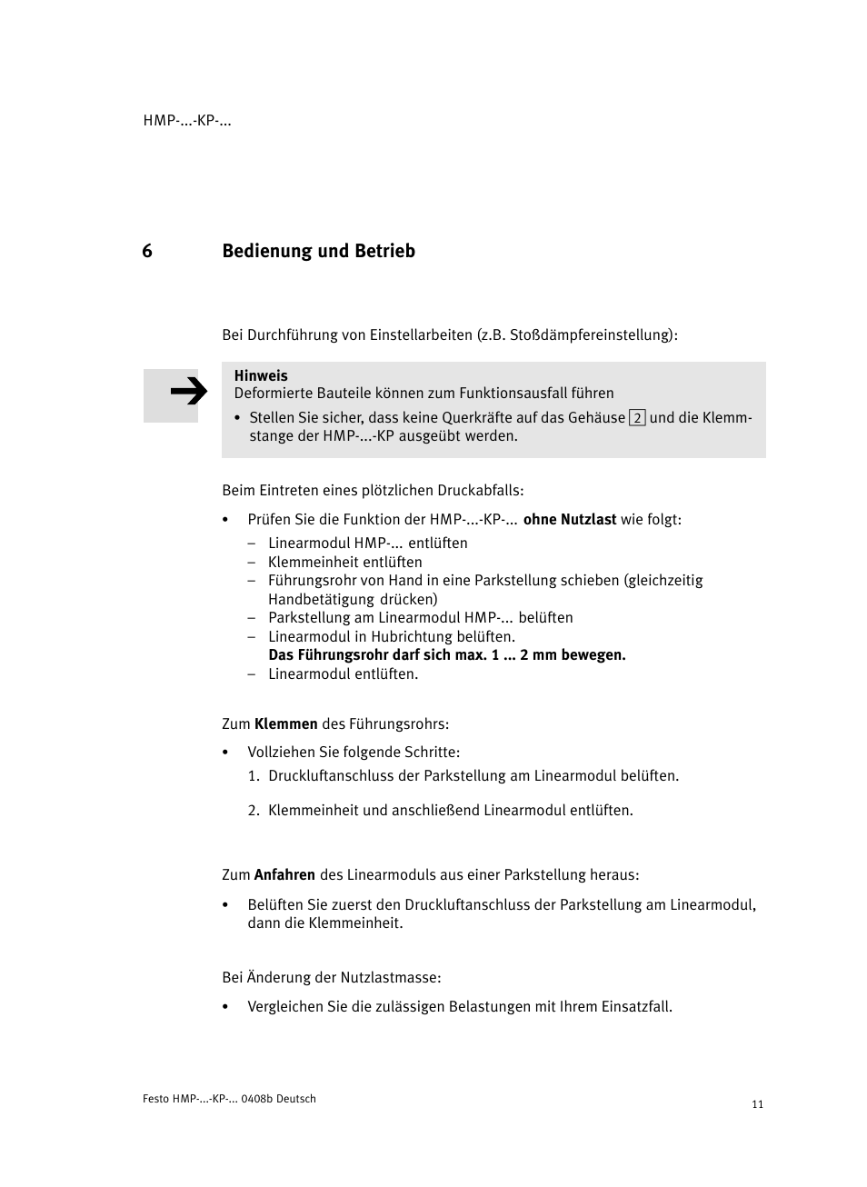 6 bedienung und betrieb, 6bedienung und betrieb | Festo Линейные модули HMP User Manual | Page 11 / 76