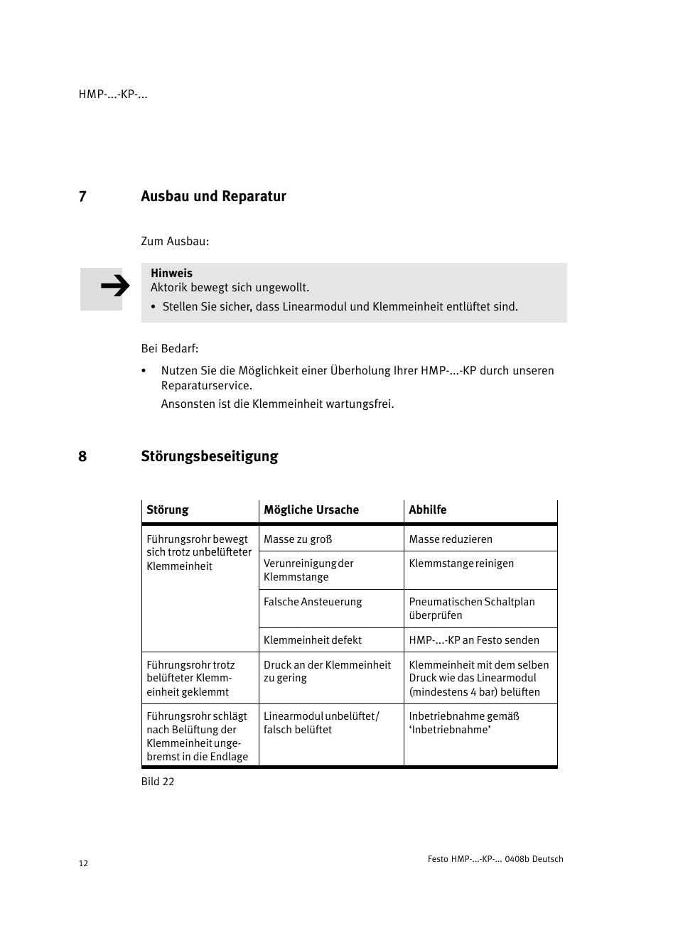 7 ausbau und reparatur, 8 störungsbeseitigung, 7ausbau und reparatur | 8störungsbeseitigung | Festo Линейные модули HMP User Manual | Page 12 / 76