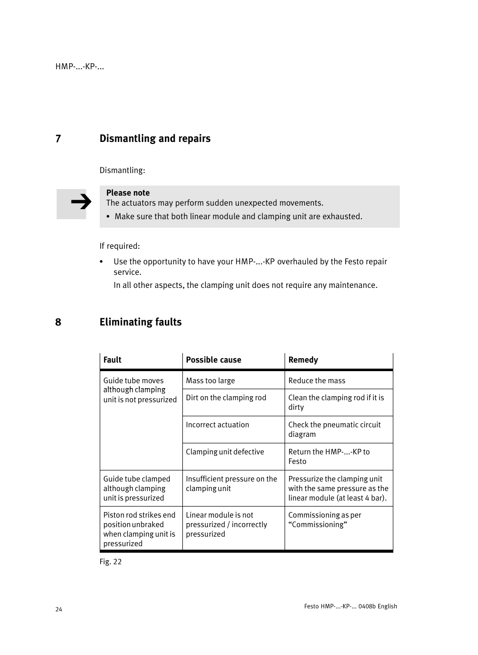 7 dismantling and repairs, 8 eliminating faults, 7dismantling and repairs | 8eliminating faults | Festo Линейные модули HMP User Manual | Page 24 / 76