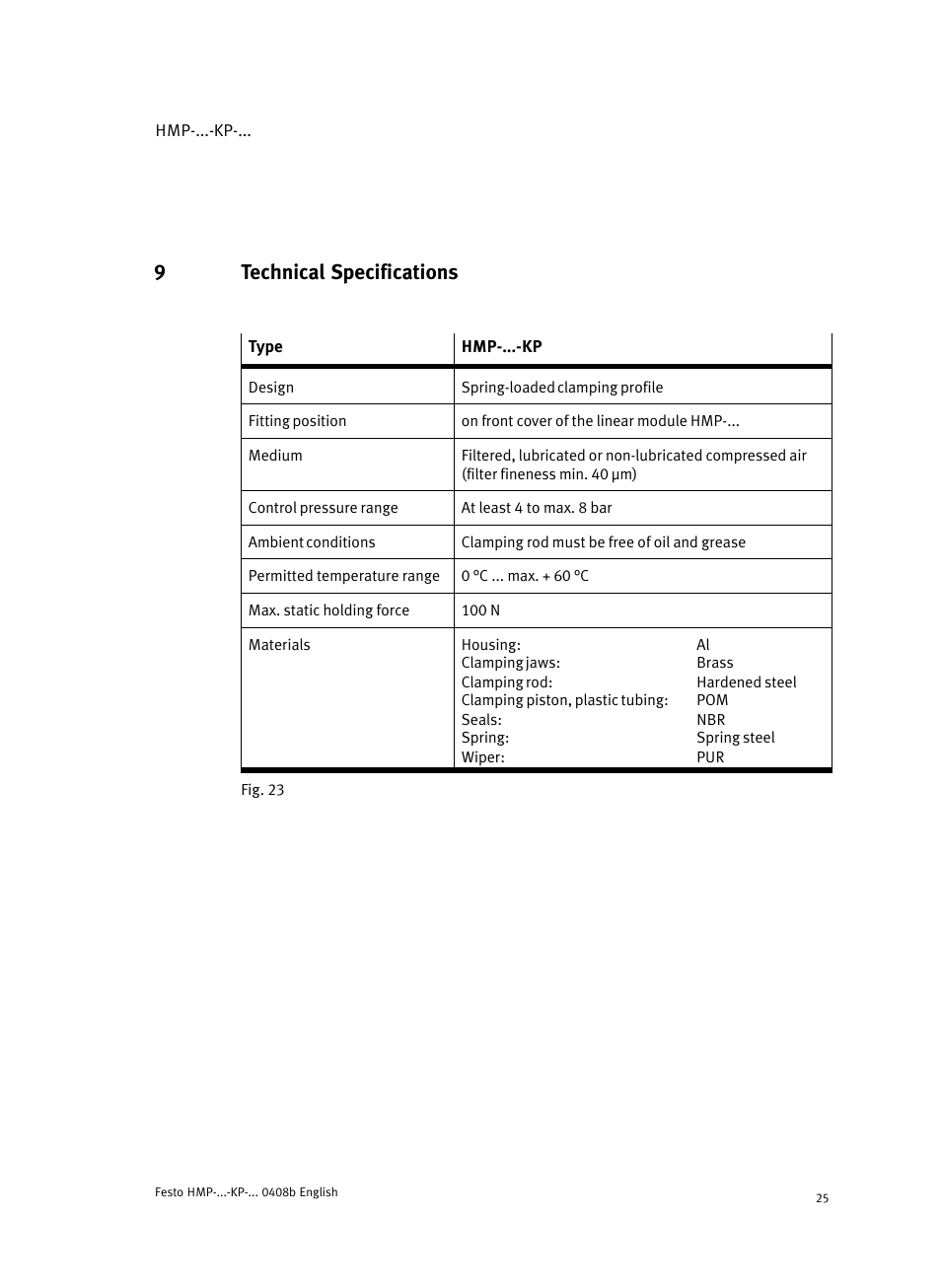 9 technical specifications, 9technical specifications | Festo Линейные модули HMP User Manual | Page 25 / 76