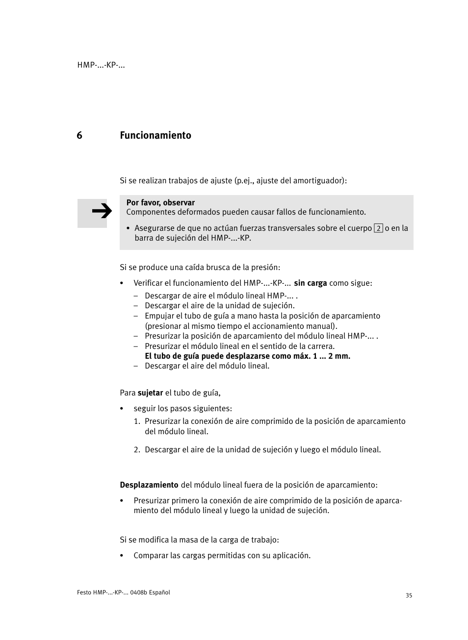 6 funcionamiento, 6funcionamiento | Festo Линейные модули HMP User Manual | Page 35 / 76