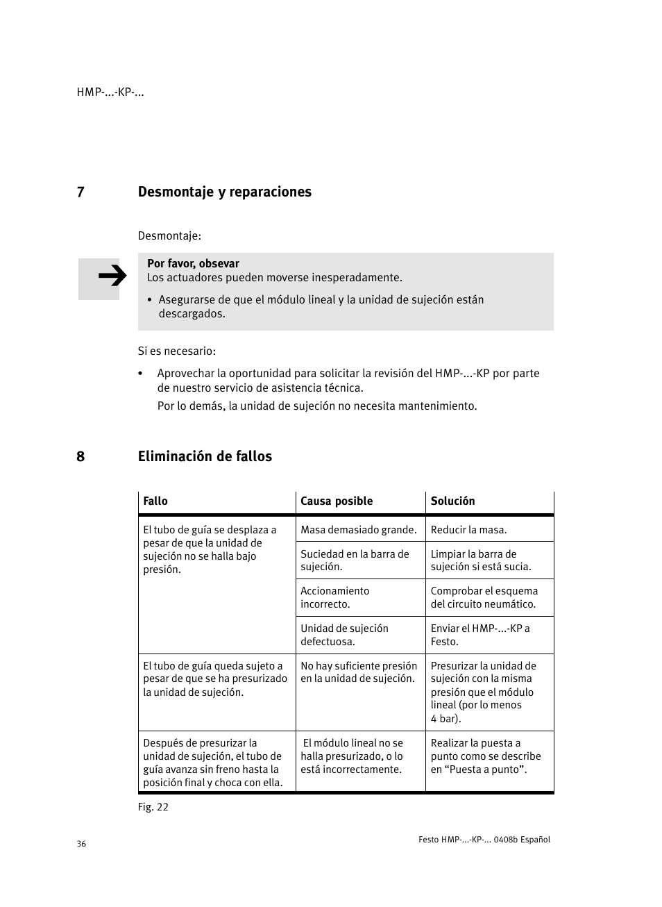 7 desmontaje y reparaciones, 8 eliminación de fallos, 7desmontaje y reparaciones | 8eliminación de fallos | Festo Линейные модули HMP User Manual | Page 36 / 76