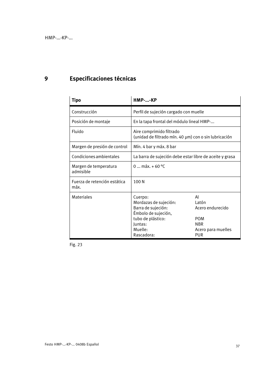 9 especificaciones técnicas, 9especificaciones técnicas | Festo Линейные модули HMP User Manual | Page 37 / 76
