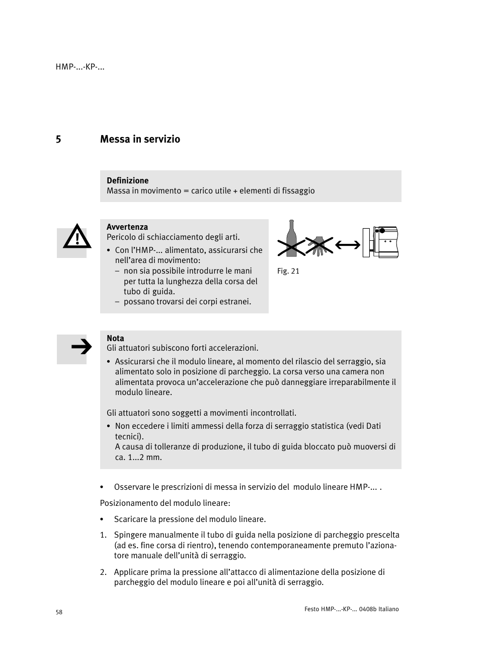 5 messa in servizio, 5messa in servizio | Festo Линейные модули HMP User Manual | Page 58 / 76