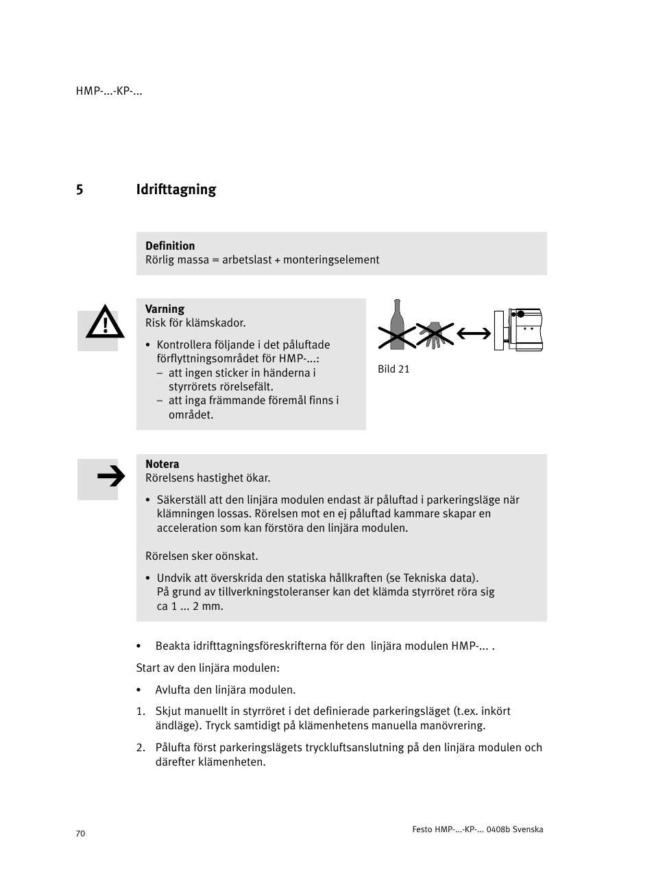 5 idrifttagning, 5idrifttagning | Festo Линейные модули HMP User Manual | Page 70 / 76