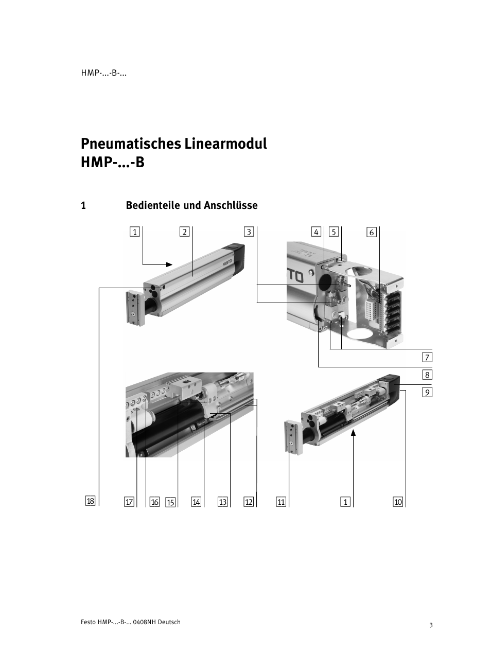 Deutschpneumatisches linearmodul hmp-...-bdeutsch, 1 bedienteile und anschlüsse, Pneumatisches linearmodul hmp−...−b deutsch | Festo Линейные модули HMP User Manual | Page 3 / 56
