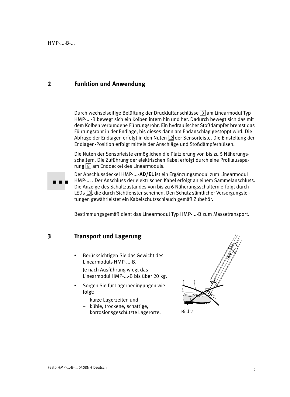 2 funktion und anwendung, 3 bild 2 transport und lagerung, 2funktion und anwendung | 3transport und lagerung | Festo Линейные модули HMP User Manual | Page 5 / 56