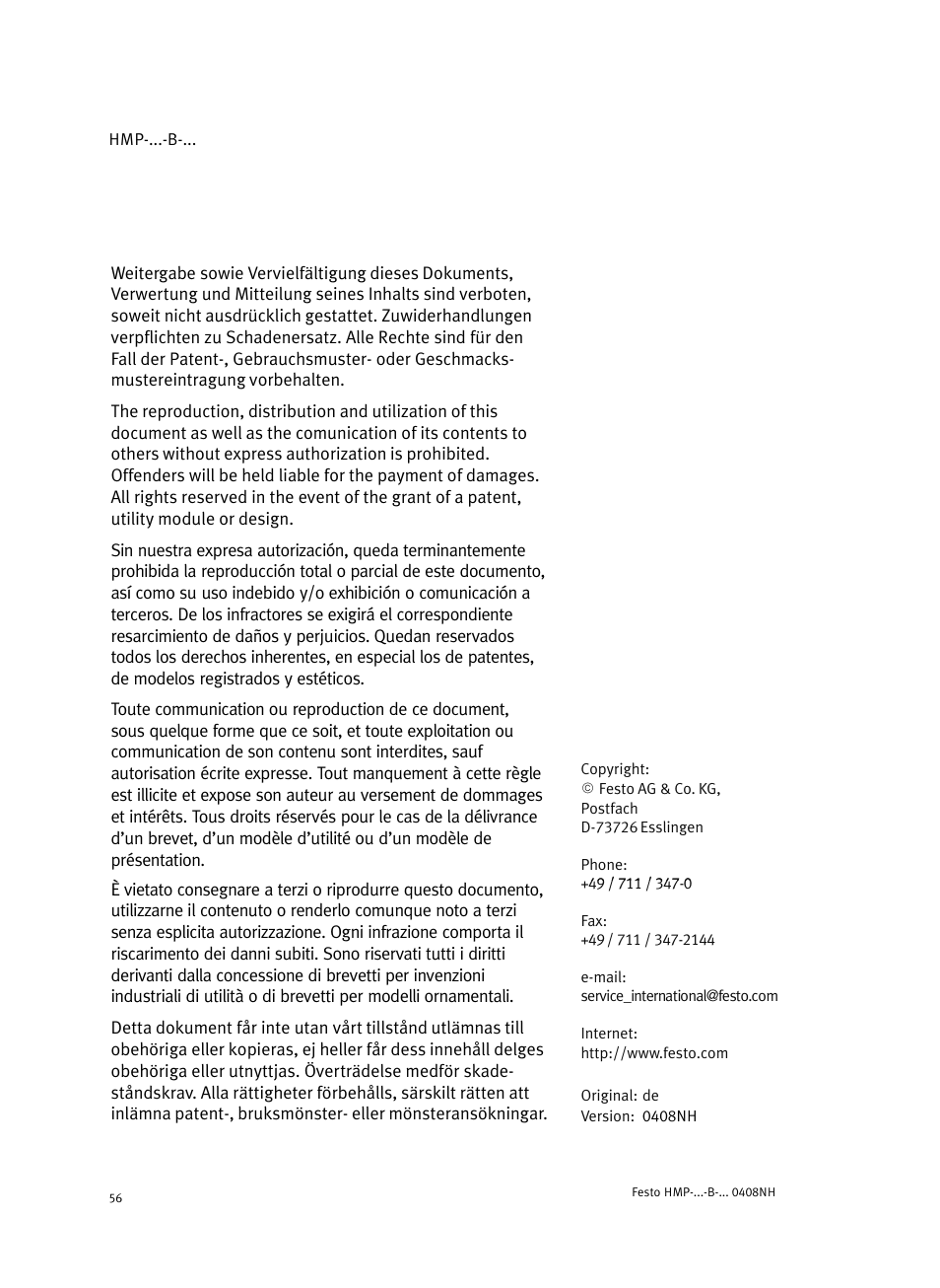 Festo Линейные модули HMP User Manual | Page 56 / 56