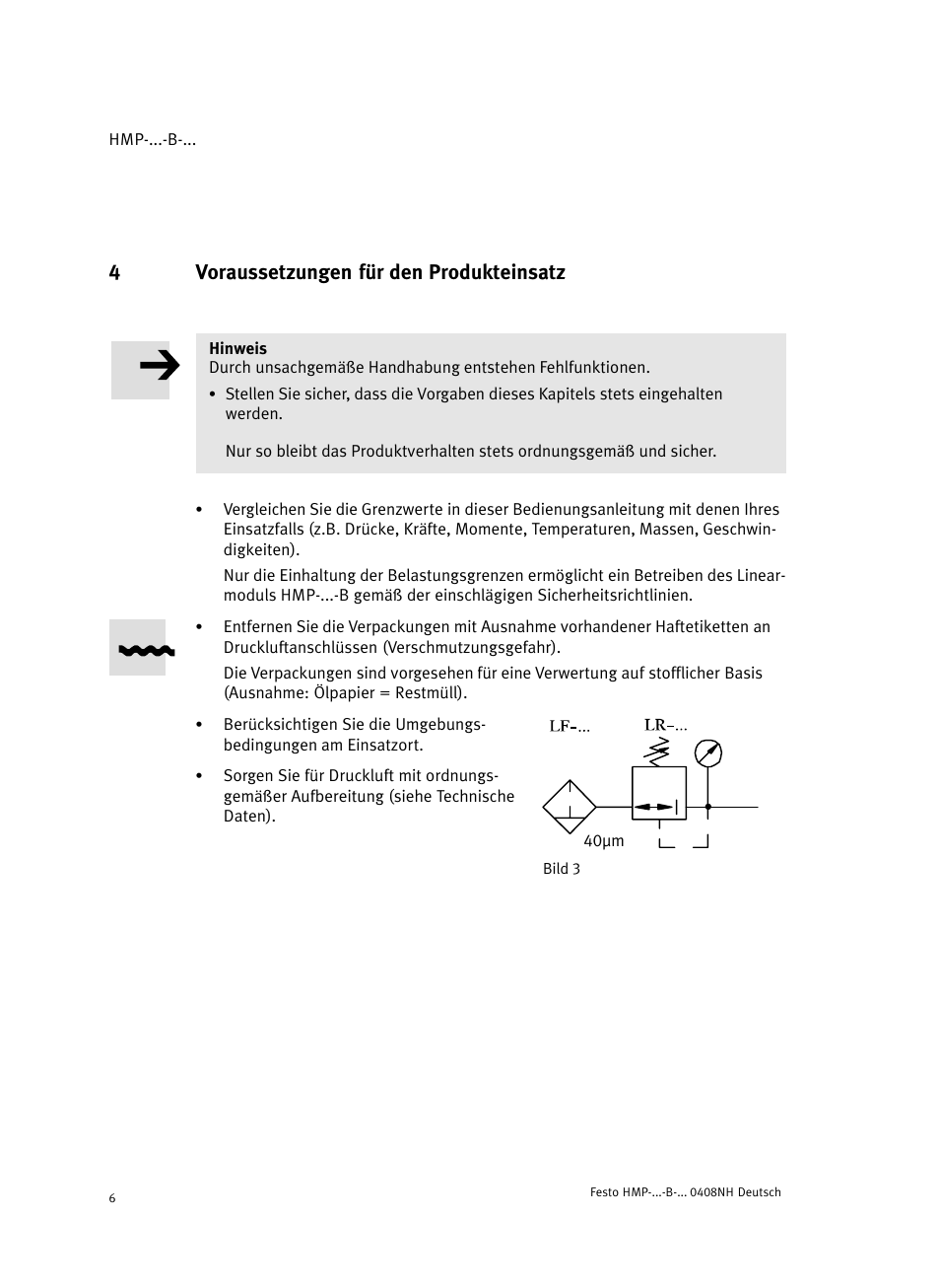4 voraussetzungen für den produkteinsatz, 4voraussetzungen für den produkteinsatz | Festo Линейные модули HMP User Manual | Page 6 / 56