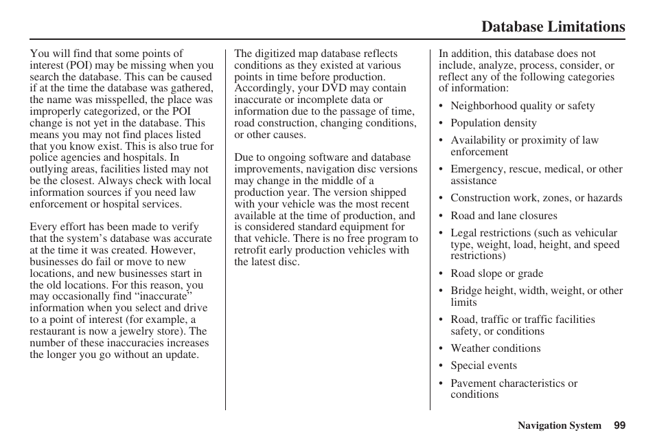 Database limitations | Acura 2008 TSX User Manual | Page 100 / 138