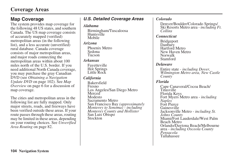 Coverage areas | Acura 2008 TSX User Manual | Page 105 / 138