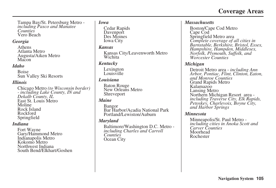 Coverage areas | Acura 2008 TSX User Manual | Page 106 / 138