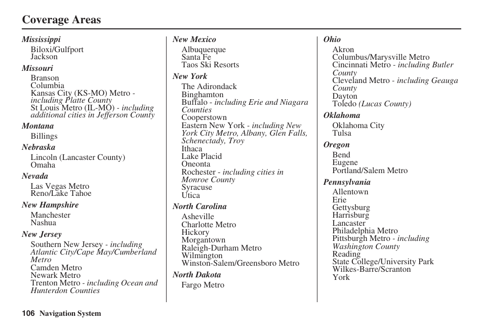 Coverage areas | Acura 2008 TSX User Manual | Page 107 / 138