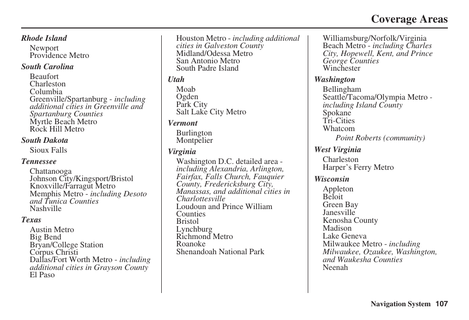 Coverage areas | Acura 2008 TSX User Manual | Page 108 / 138