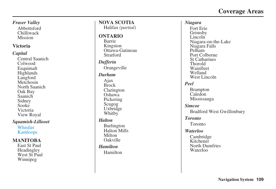 Coverage areas | Acura 2008 TSX User Manual | Page 110 / 138