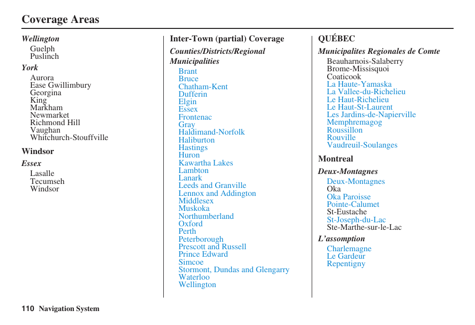 Coverage areas | Acura 2008 TSX User Manual | Page 111 / 138