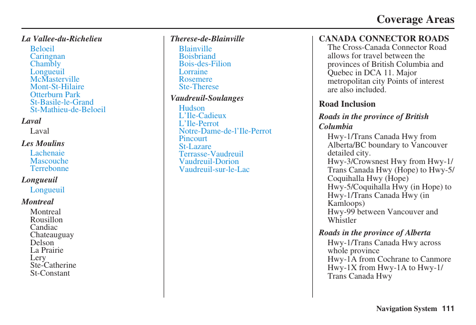 Coverage areas | Acura 2008 TSX User Manual | Page 112 / 138