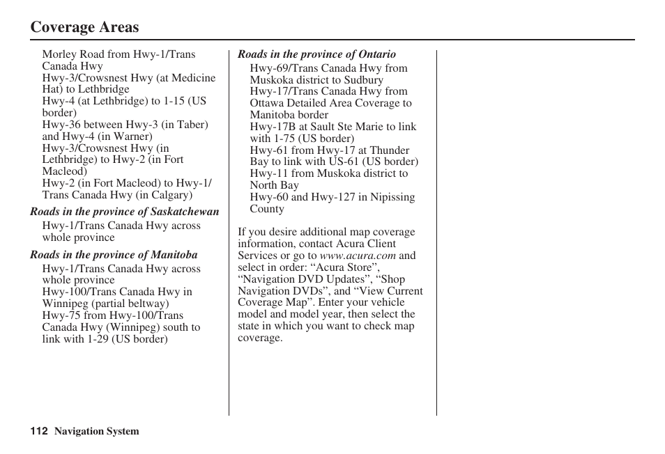 Coverage areas | Acura 2008 TSX User Manual | Page 113 / 138