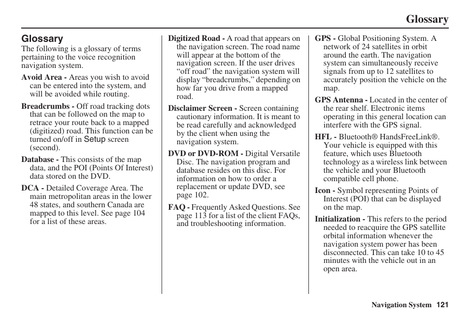 Glossary | Acura 2008 TSX User Manual | Page 122 / 138