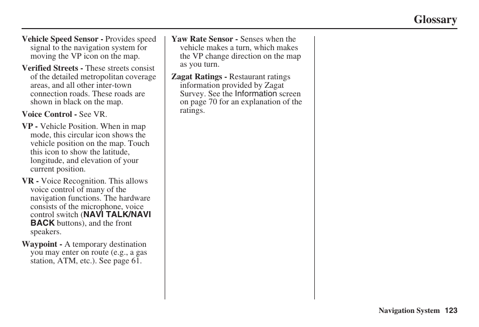 Glossary | Acura 2008 TSX User Manual | Page 124 / 138