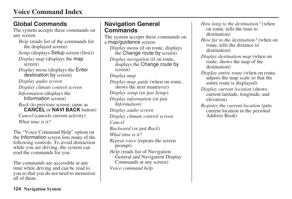 Voice command index | Acura 2008 TSX User Manual | Page 125 / 138