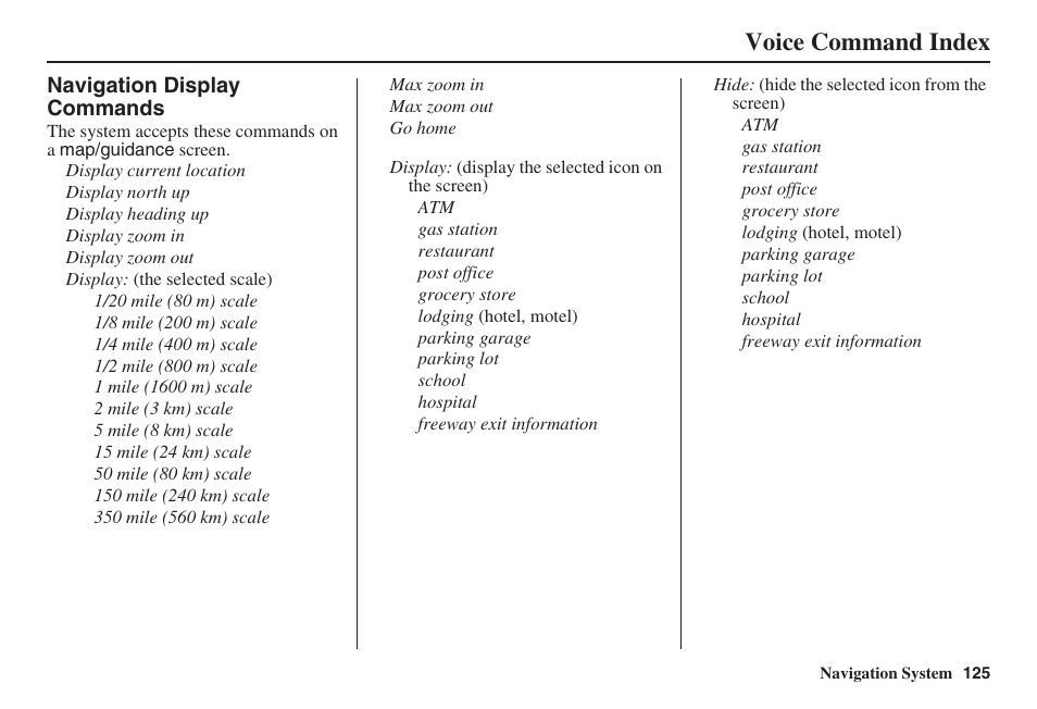 Voice command index | Acura 2008 TSX User Manual | Page 126 / 138