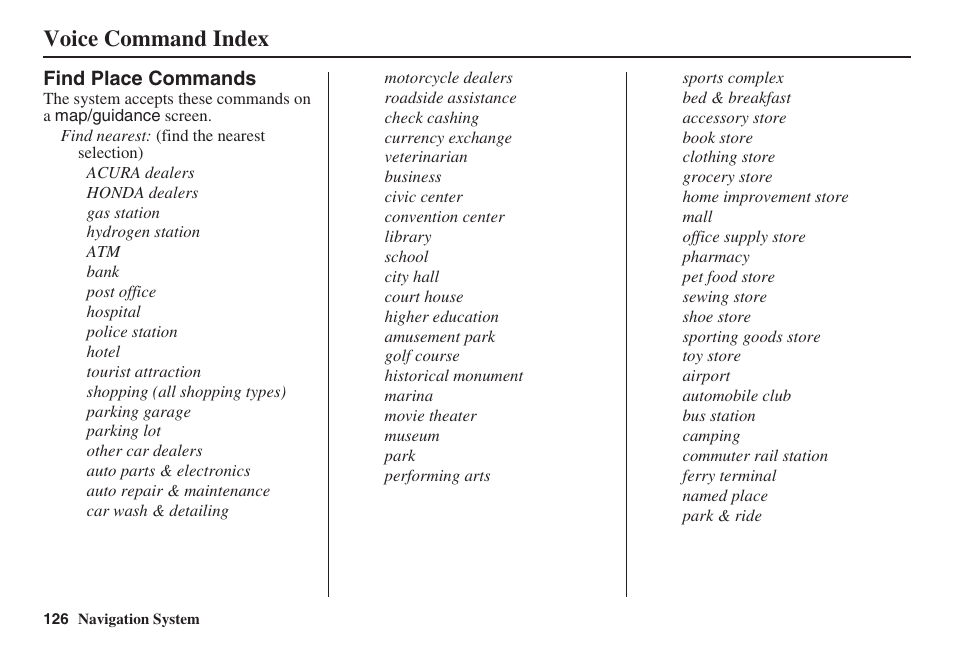 Voice command index | Acura 2008 TSX User Manual | Page 127 / 138