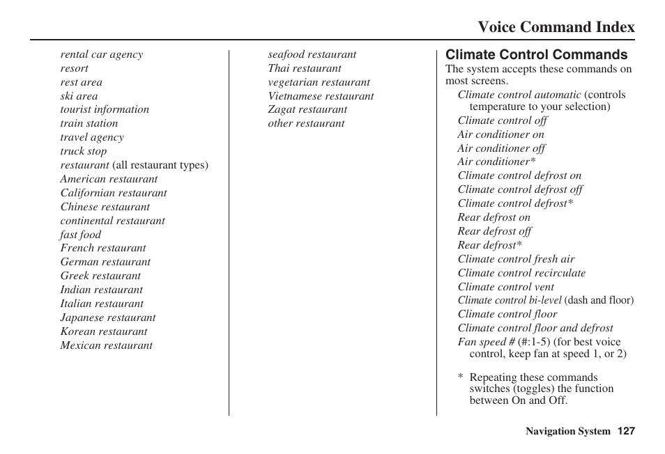 Voice command index | Acura 2008 TSX User Manual | Page 128 / 138