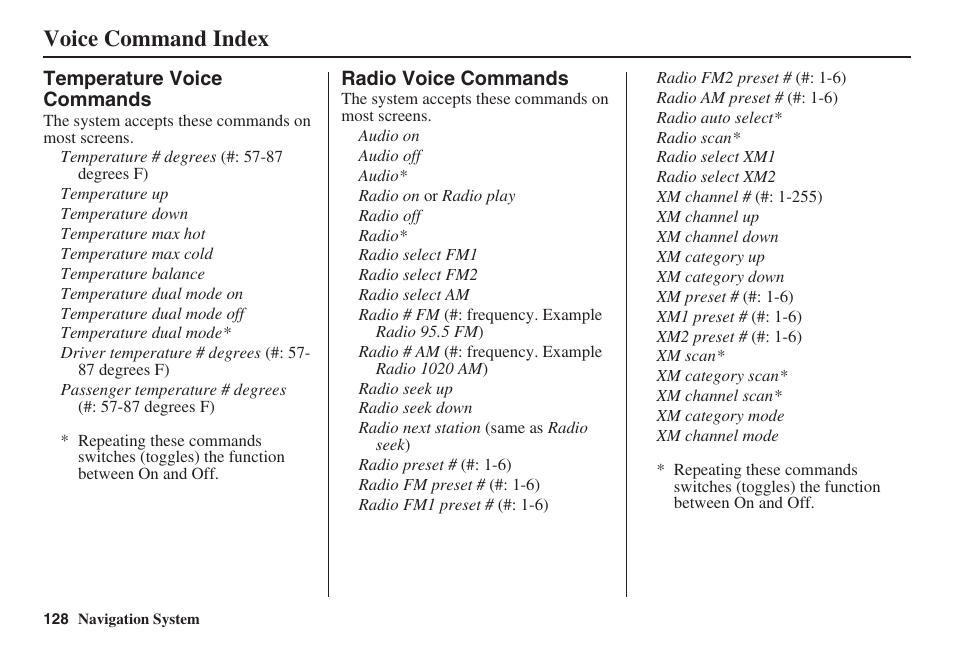 Voice command index | Acura 2008 TSX User Manual | Page 129 / 138