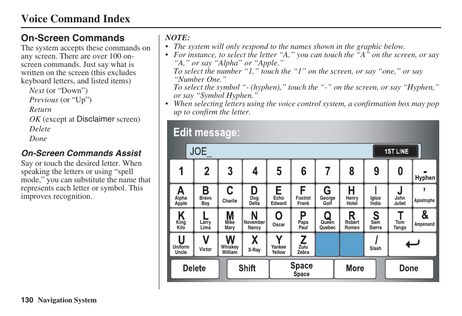 Voice command index, On-screen commands, On-screen commands assist | 130 navigation system | Acura 2008 TSX User Manual | Page 131 / 138