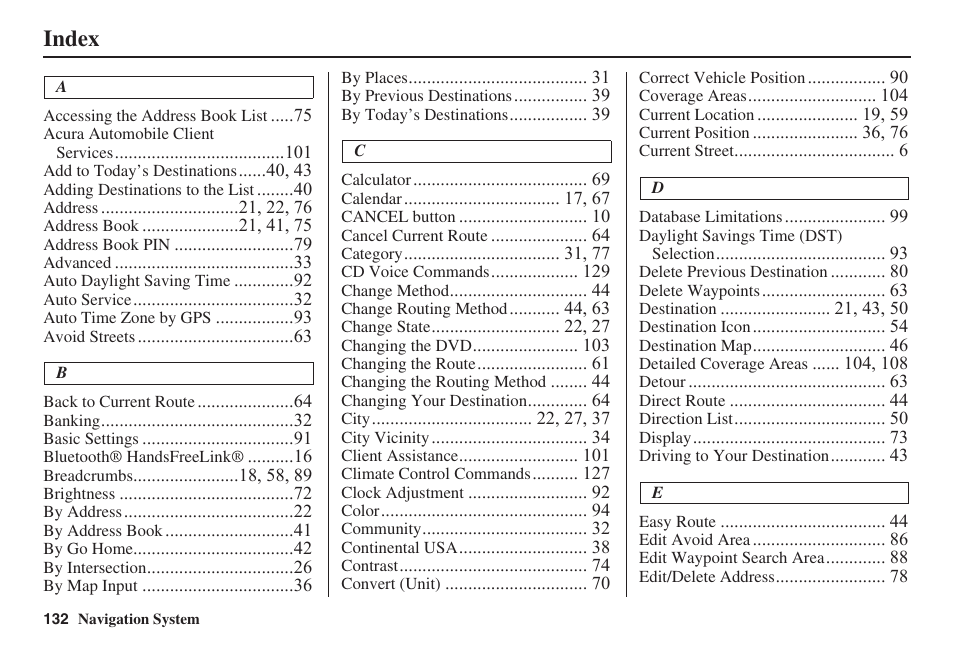 Index | Acura 2008 TSX User Manual | Page 133 / 138