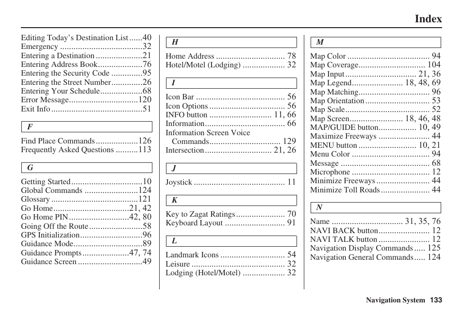 Index | Acura 2008 TSX User Manual | Page 134 / 138